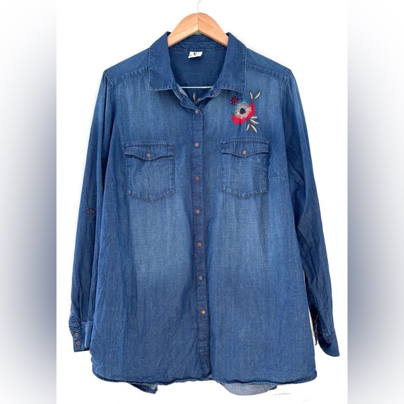 Women's XL‎ Embroidered Flower Denim Snap Button Up English Country Side Garden - Picture 2 of 13